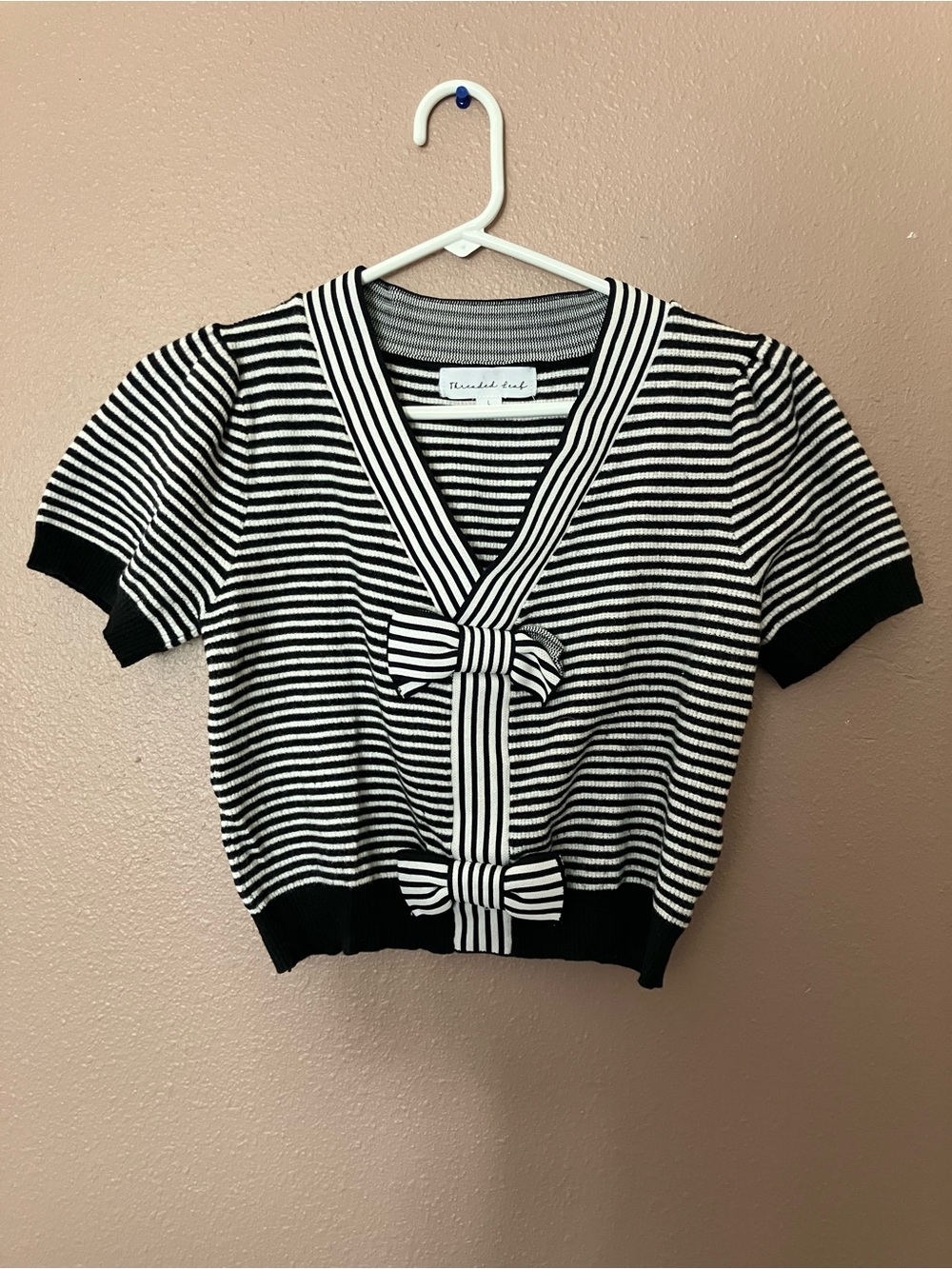 Threaded Leaf Black & White Striped V-Neck Sweater Top with Bow Accents